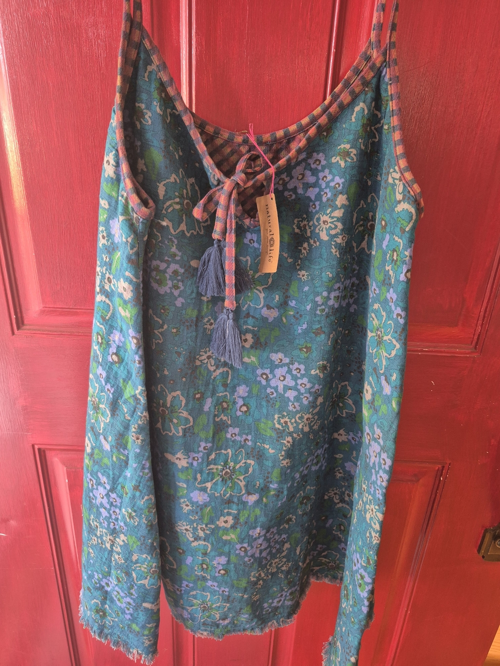 NATURAL LIFE Teal Floral Mini Dress with Tassel Tie